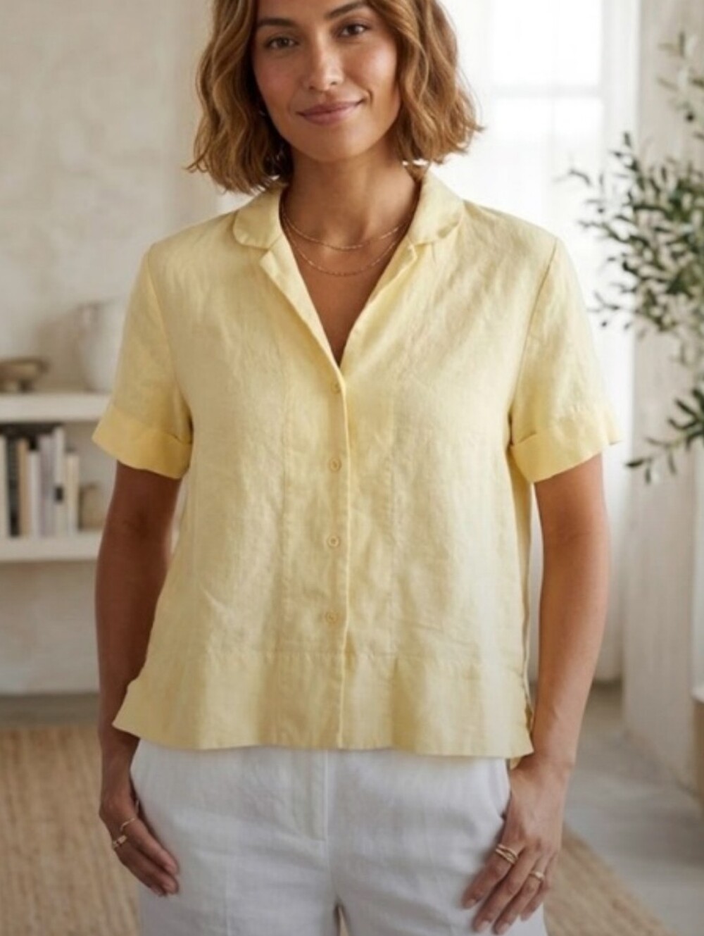 Quince 100% European Linen Short Sleeve Shirt Soft Butter Yellow L Boxy Minimal